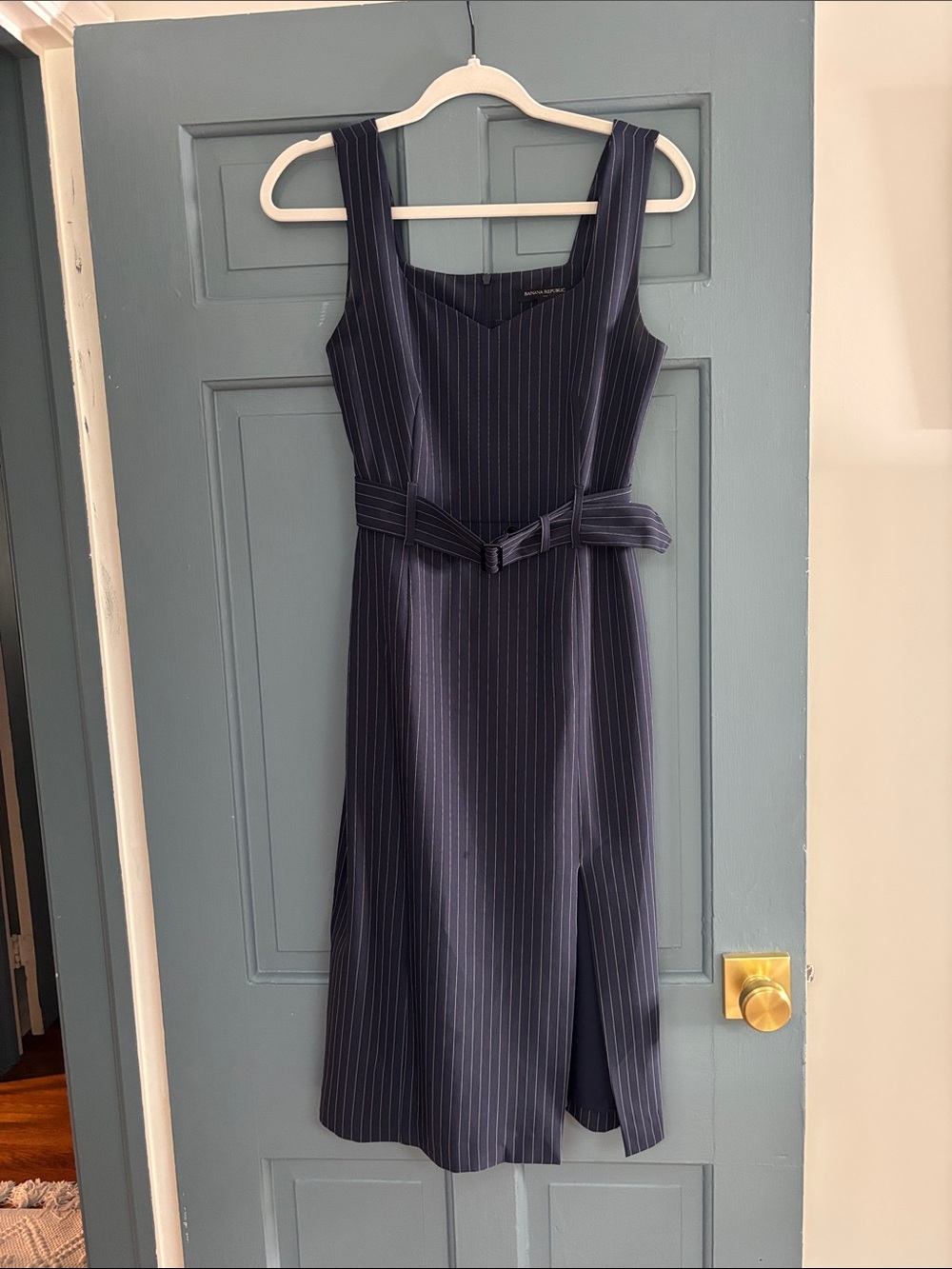 Navy Pinstripe Sleeveless Belted Midi Dress